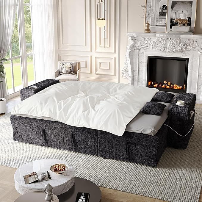 90 Inch Sleeper Sofa Bed 4 in 1 Pull Out Couch Bed with Adjustable Backrest | Reversible Storage Chaise | Wide Armrest | Tool Free Assembly Sectional Couches for Living Room Black Chenille