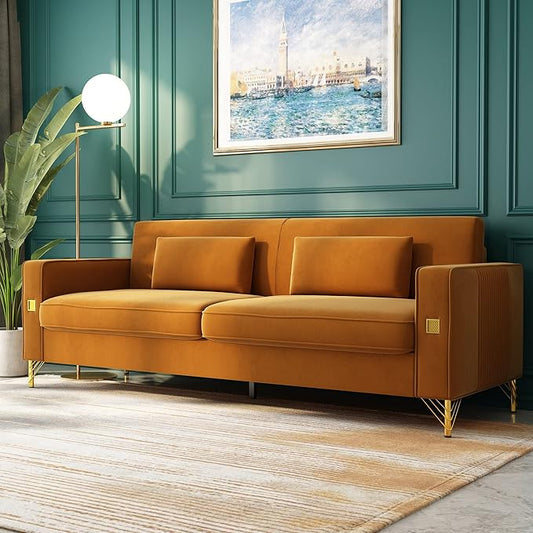 85 Velvet SofaMid-Century Modern Chesterfield 3 Seat Comfy Couch with Pillows Set of 2 for Living RoomBedroomApartment Furniture with Gold Metal Legs (P18-Orange)