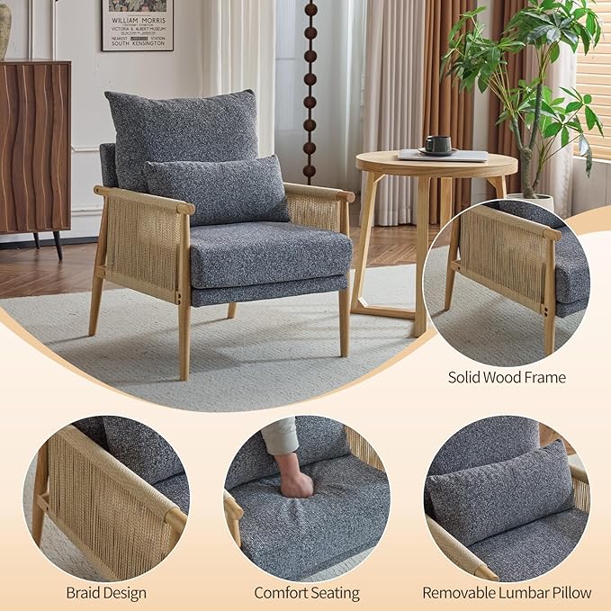 Karl home Cozy Chenille Accent Chair with Lumbar Pillow &amp Rattan Arms Modern Lounge Chair for Living Room Bedroom Reading Nook Dark Gray