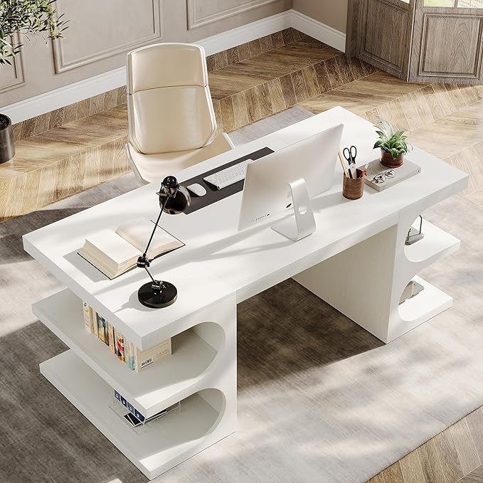Tribesigns White Executive Office Desk 63 Computer Desk with Storage Shelves Modern Wood Study Writing Table Large Workstation Business Furniture for Home Office (Table Only)
