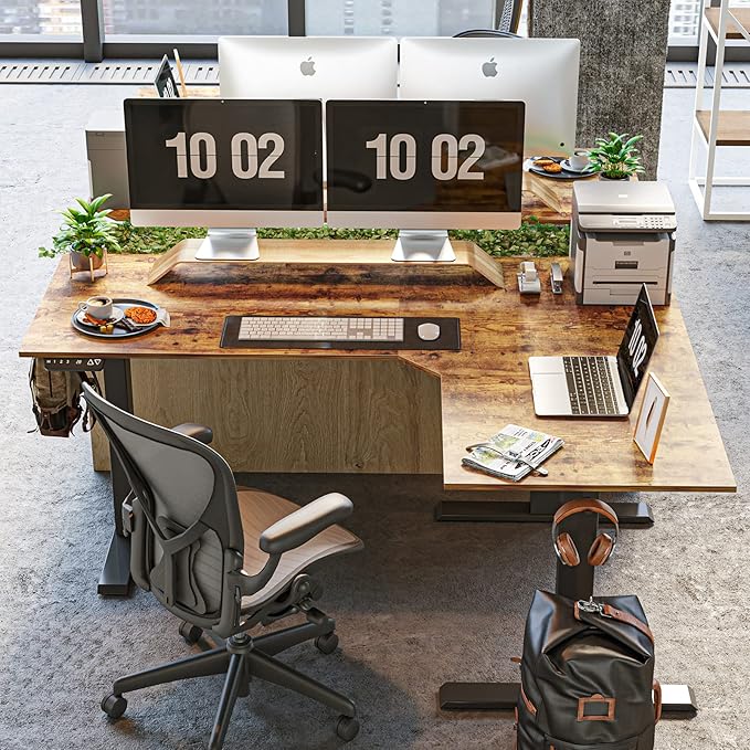 BANTI Triple Motors L-Shaped Electric Standing Desk 63 Inches Adjustable Height Stand Up Desk Sit Stand Home Office Desk with Rustic Brown Top/Black Frame