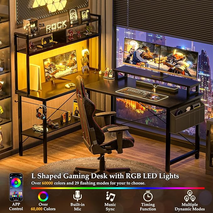 Aheaplus L Shaped Gaming Desk with Power Outlets &amp LED Lights Small L- Shaped Desk Computer Corner Desk with Monitor Stand &amp Storage Shelf Home Office Desk Writing Desk with Storage Bag Bla
