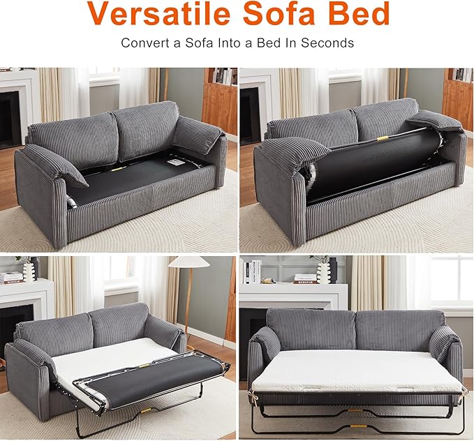 Pull Out Sofa Bed Corduroy Queen Sleeper Sofa Couch with Foam Mattress Large Sleeper Pullout Couch Bed for Living Room Office Queen Size (Grey)