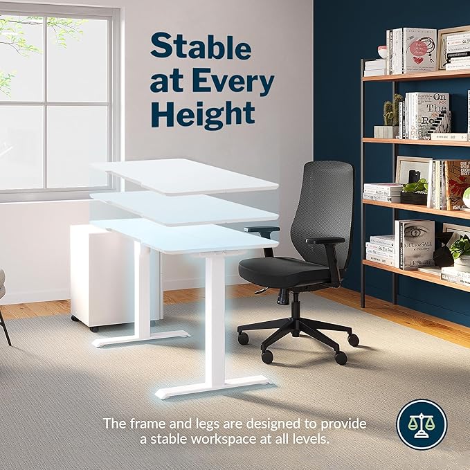 Vari Essential Electric Standing Desk for Home Office – 48x24 Sit-Stand VariDesk 4 Memory Height Presets 2-Piece Laminate Wood Top Sturdy T-Style Legs Supports 150 Lbs + Easy Assembly (White)