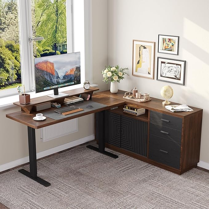 ONBRILL Home Office Furniture Set 63'' Standing Desk with 55'' File Cabinet Electric Height Adjustable Executive Workstation with Monitor Stand for Home Office Walnut