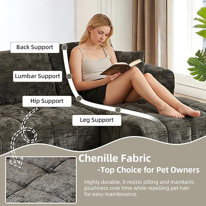 110 Inch Cloud Sectional CouchModern Upholstered Sofa with Deep SeatChenille Boneless Couches with L-Shape ChaiseSponge Compressed Couches for Living Room (Brown Right Facing Chaise)