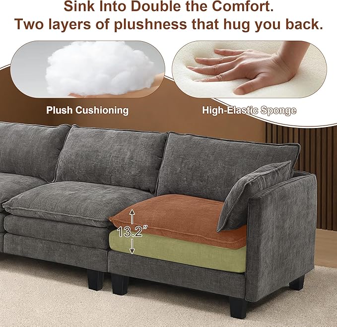 111” Modular Sectional Sofa L Shaped Cloud Couch with Ottoman Chenille Deep Seat Sofa with Pillow for Living Room Bedroom and Apartment5 Seats Light Grey