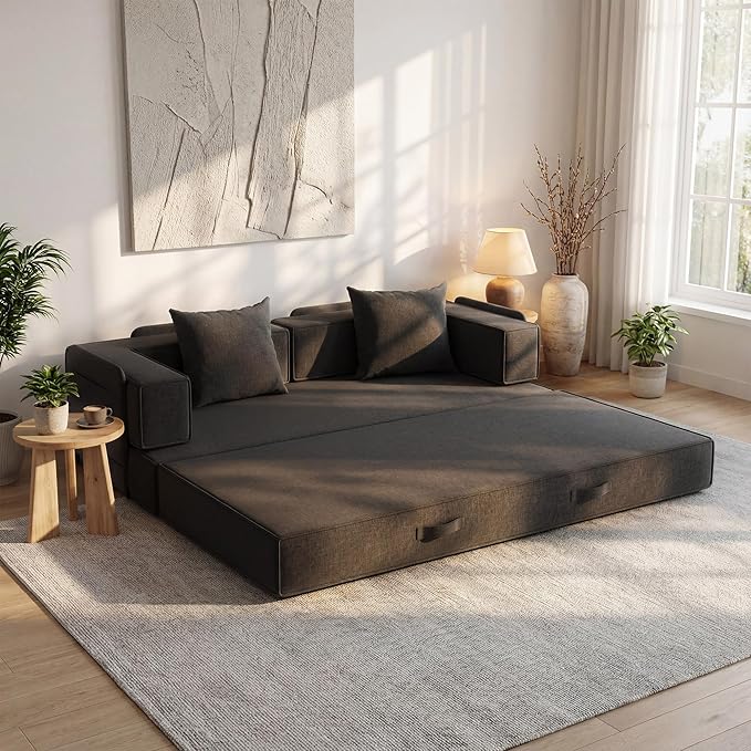 Claiks 4-in-1 Convertible Sofa Bed82 Inch Compression Sofa with Corduroy Fabric Pull Out Sleeper Sofa with 2 Pillows &amp 4 Side Pockets for Living Room Bedroom ApartmentNo Assembly RequiredBlack