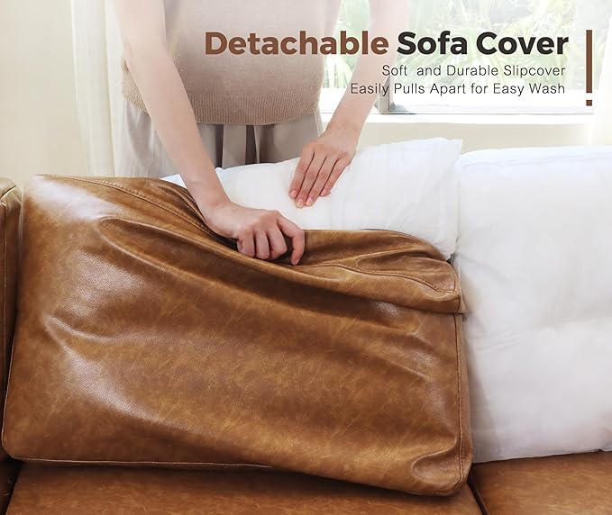 ABCASA 91.5 Faux Leather U Shaped Modular Sectional Sofa 5 Seater Couch with Movable Ottoman Deep Seat and Storage Seat with Removable Cover for Living Room Apartment - Brown