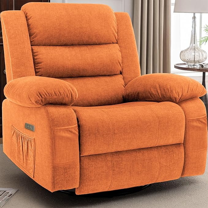 Power Recliner Chair Electric Rocker Recliner with Massage and Heat 270° Swivel Glider Oversized Wide Seat with USB Port Cashmere Nursery Chair for Living Room Orange