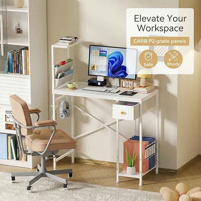 33.7 Computer Desk with Power Outlets LED Lights &amp Drawer Small Office Desk with Storage Bag &amp Hooks Gaming Desk for Bedrooms or Home Office Compact Study Desk for Small SpacesWhite