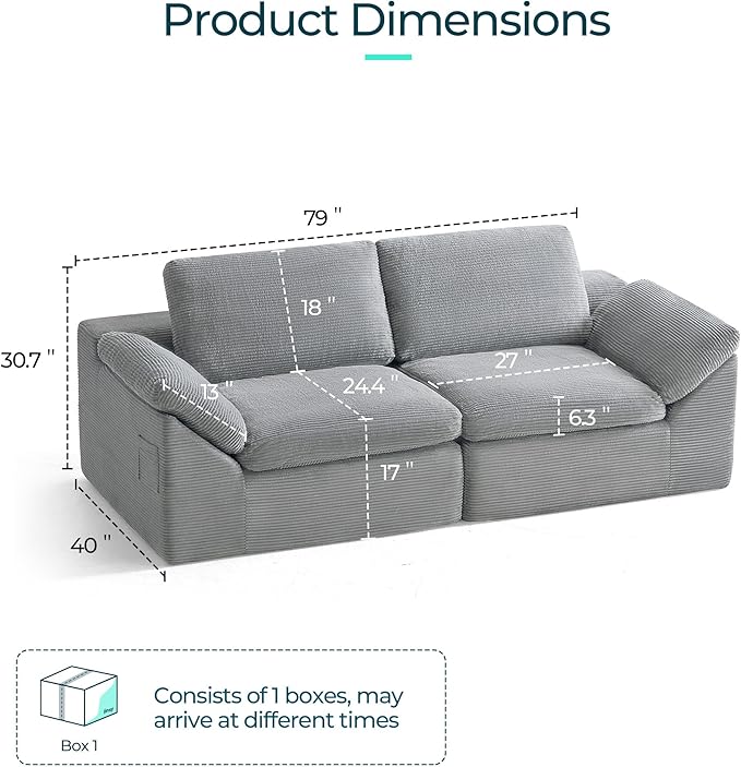 LINSY HOME 79 Modular Couch Modern Cloud Couch 2 Seater Loveseat Sofa with Double Layer Cushions Small Couches for Bedroom Apartment No Assembly Required Grey