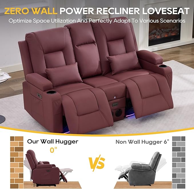 IPKIG Power Recliner Loveseat with Console Zero Wall Hugger Sofa Couch Faux Leather 2-Seater Sofa with LED Lights AC Outlets USB Ports Cup Holders Red | Storage Drawer Bluetooth Speaker Living