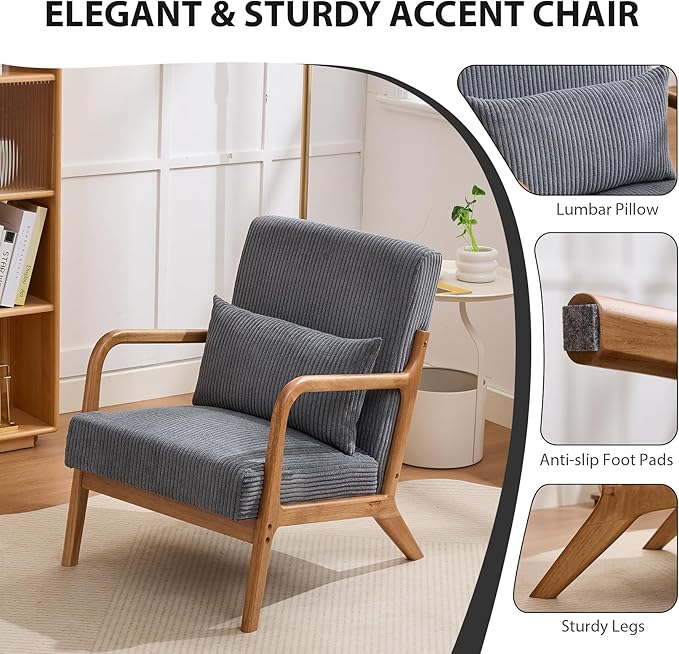 Mid-Century Modern Accent Chair Arm Chair Living Room Chairs with Pillow Upholstered Reading Chair with Solid Wood Frame &amp Corduroy Fabrics for Living Room Bedroom Balcony (Corduroy Dark Grey)