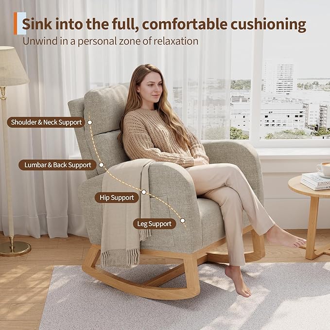 GarveeHome Linen Rocking Chair Modern Nursery Glider Chair with Side Pockets and Pillow Rocker Chair for Living Room Bedroom Nursing Room Grey