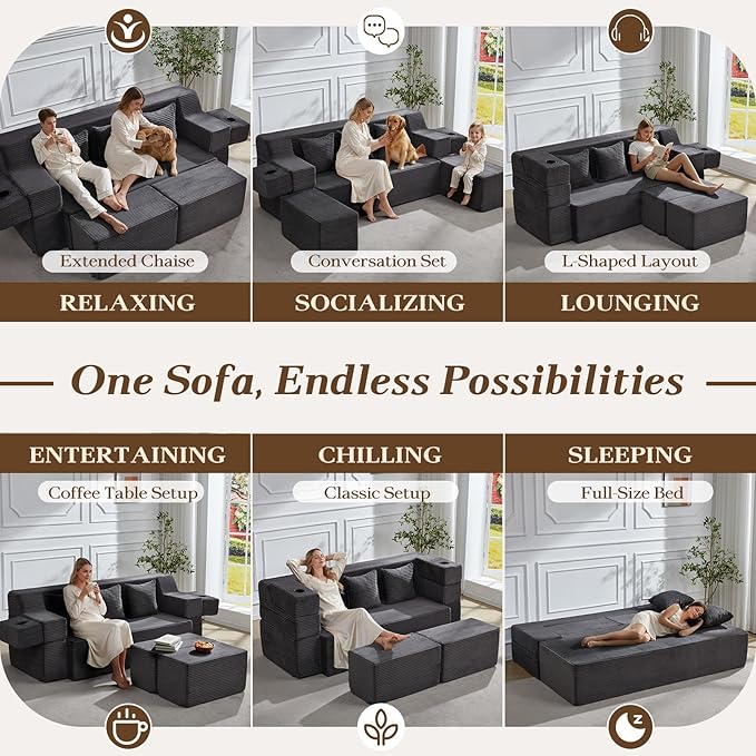 HOMREST 78.7 Sleeper Ottoman Sofa Bed for Small Space Full-Length Folding Memory Foam Couch in a Box with 2 Ottomans &amp Flip-Up Armrest 3-in-1 Convertible Futon No Assembly Dark Grey