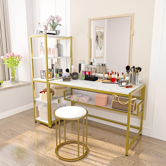 Teraves Computer Desk with 5 Tier ShelvesReversible Writing Desk with Storage 49 Inch Study Table for Home Office Independent Bookcase and Desk for Multiple Scenes (White Marbling+ Gold Frame)