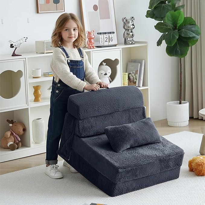 Tiita Convertible Folding Kids Sofa Bed with Pillow &amp Storage Bag Plush Fabric Floor Mattress Couch Bed Washable Cover Kids Room Playroom Dorm Apartment Navy