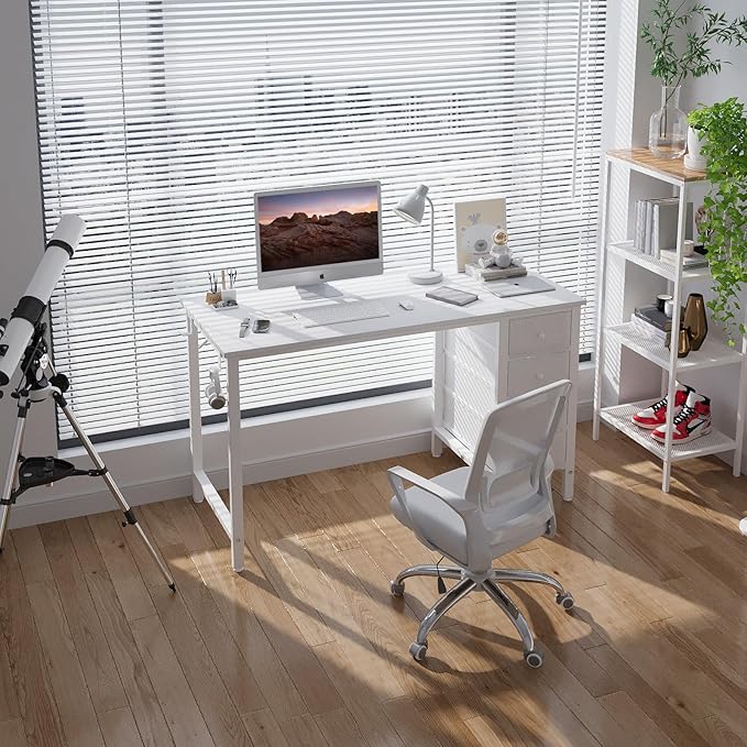 DLisiting 47 inch Desk Fabric Drawers - White Office Vanity Modern Cute PC Writing White Desk with Storage for Bedroom Home Office Computer Desks for Girls Teens Childrens