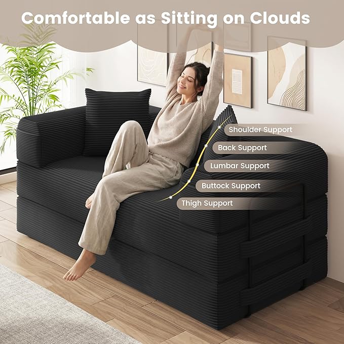 80 Convertible Sofa Bed 5 in 1 Modular Boneless Couch Sleeper Sofa Bed with Fixed Frame &amp Removable Backrest Pillow Washable Corduroy Futon Sofa Bed Couch in a Box for Small Spaces Dark Black