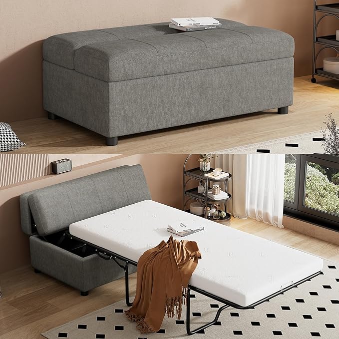 46 Ottoman Folding Bed Twin Size Convertible Ottoman Pull Out Bed with Memory Mattress Foldable Sofa Beds Dual Use Guest Sleeper Couch for Living Room Bedroom Guest Room RV (Dark Gray+Chenille)