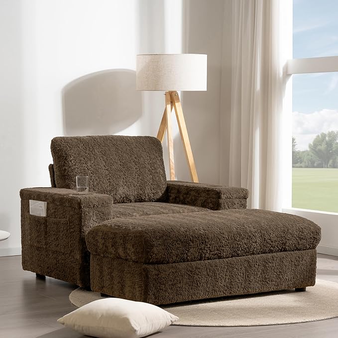 Oversized Chaise Lounge Chair Indoor with Storage Armrest &amp Ottoman Sleeper Chair with Cup Holder Deep Seat Faux Fur Upholstered Couch Sofa Bed Reclining Chair for Living Room Bedroom Brown