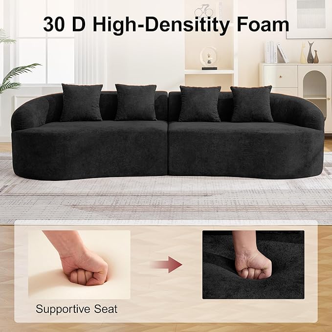 110.2 Curved Boneless Couch Oversized Cloud Sofa with 4 Pillows Modern 4 Seater Modular Sectional Sofa Boneless Sectional Couches for Living Room Curved Foam Couch Black