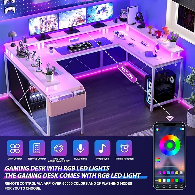 U/L Shaped Desk Reversible Computer Gaming Desk with Power Outlet &amp LED Light Large Corner Table with Monitor Stand &amp Storage Shelf Idead for Home Office Gaming Pink