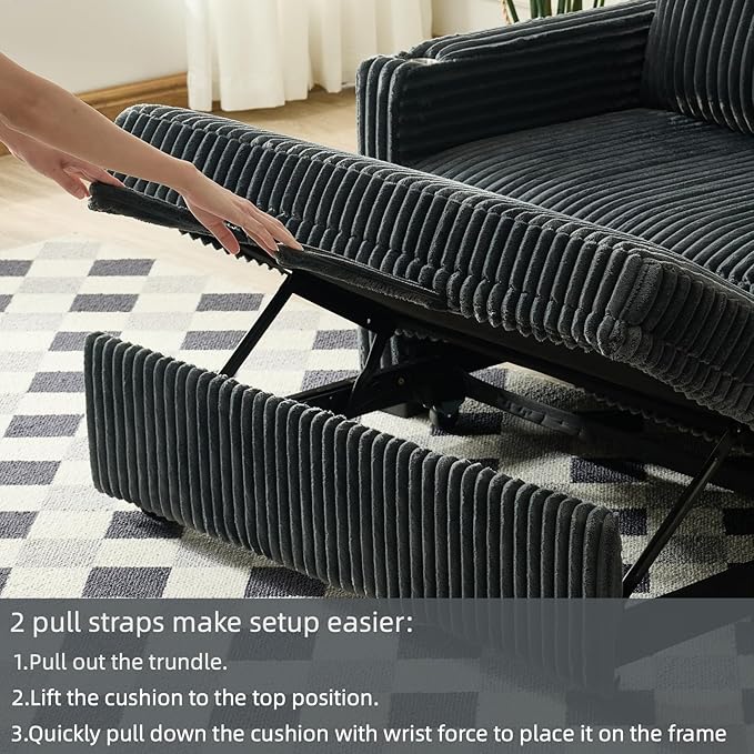 Dreamzie 53 Pull Out Couch 3 in 1 Convertible Sleeper Sofa Bed Corduroy Fabric Double Loveset with Pull Out Bed USB Port Side Pockets and Cup Holders for Living Room and Apartment Gray