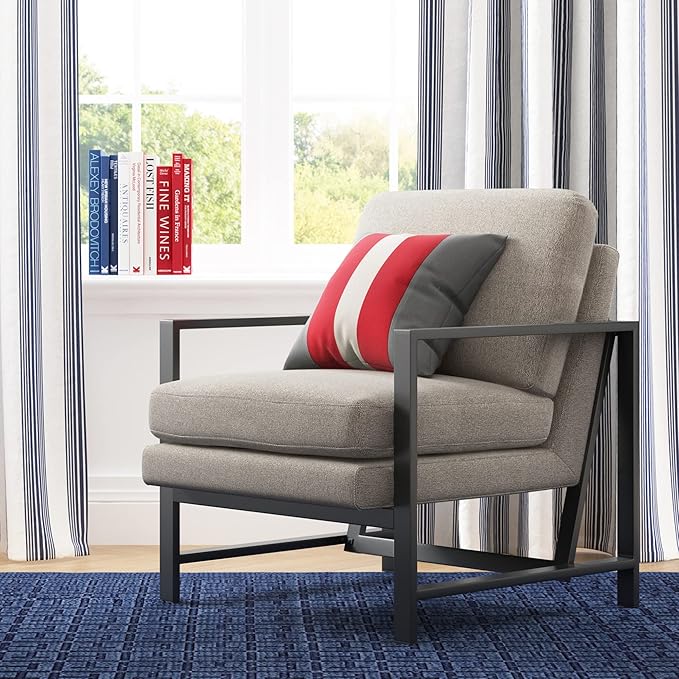 Tommy Hilfiger Russell AccentChair Medium-Soft Pillow Back Mid-Century Modern &amp Industrial Armchair Comfortable LoungeChair for Living Room Bedroom or Office Black Square Metal Frame in Gray