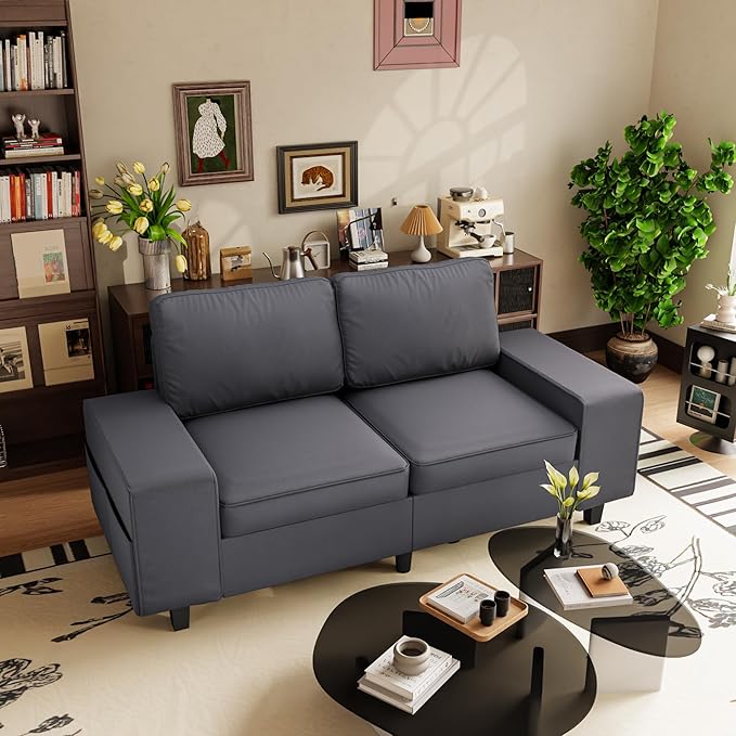 71 Leathaire Loveseat Couch 2 Seater Retro Sofa with 4 Side Pockets Removable and Washable Cushions Living RoomApartment Office (Dark Grey)