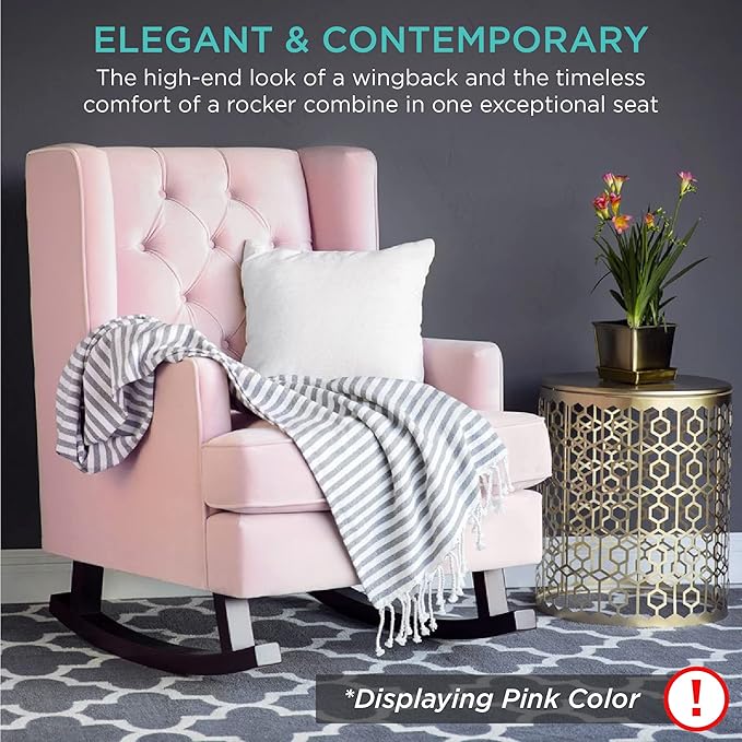 Best Choice Products Rocking Accent Chair Tufted Upholstered Luxury Velvet Wingback for Nursery Living Room Bedroom w/Wood Frame - Gray