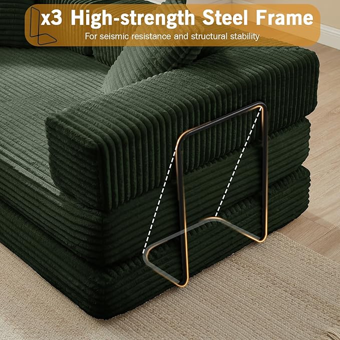 81'' Futon Sofa Bed Folding Floor Couch Bed Corduroy Fabric Boneless Couch Compressed Boneless Sofa in a Box Comfy Sleeper for Living Room-Green