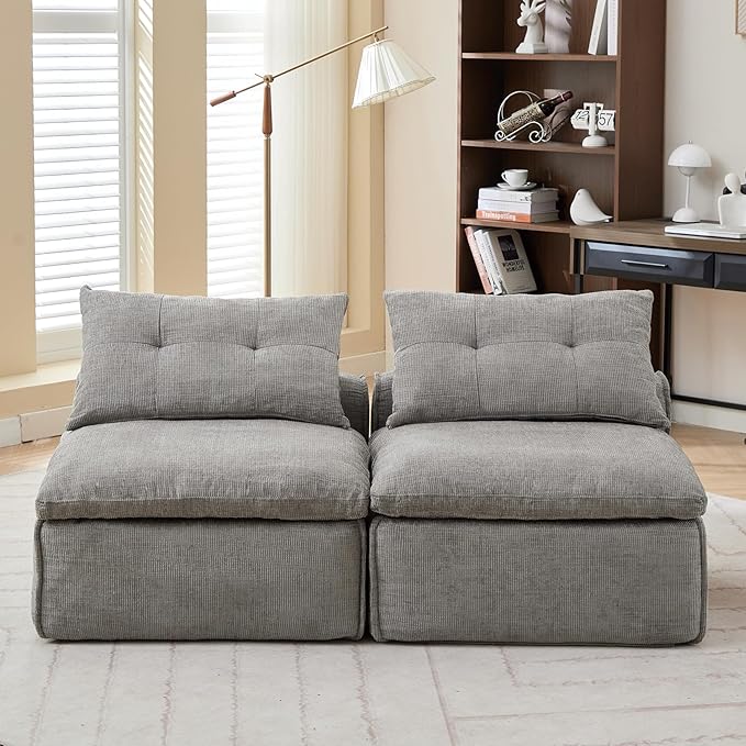 2 Seats Modular Sectional Couches with Neck Pillow &amp Backrest Chenille Armless Upholstered Loveseat Sofa Chair for Living Room Apartment At Will DIY (Light Grey)