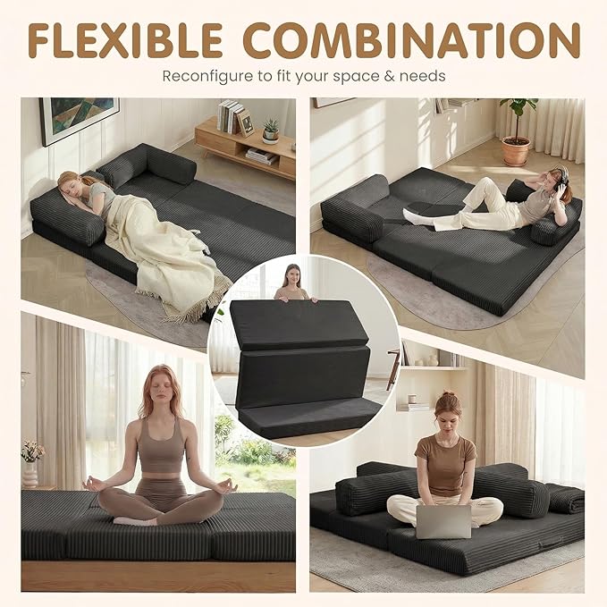 Folding Sofa Bed Convertible Sleeper Chair with Pilow Foldable Matress 2 in 1 Pull Out Loveseat Sofa Portable Fold Out Chair Bed Floor Couch Lounge for Living Room (Black King-82 Lx76 W)