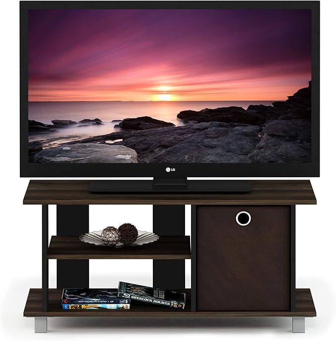 Furinno SIMPLISTIC TV Stand 3-Tier Entertainment Center Open Shelf TV Console for TV up to 33 Inch with Bin Drawers for Living Room Bedroom Columbia Walnut