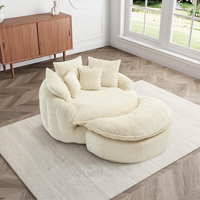 54'' Oversized Round Bean Bag Chaise Lounge Barrel Chair with Movable Ottoman Fluffy Cloud Couch Boneless Round Sofa Chair for Living Room Bedroom Apartment Beige White