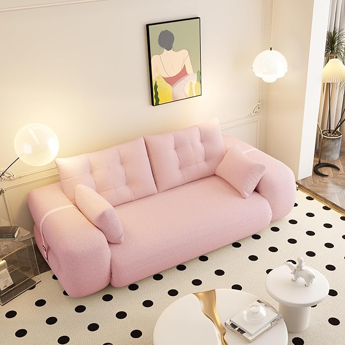 KEIKI 78.7 Foldable Human Dog Bed – 3-in-1 Multi-Functional Sofa Bed Foam-Filled Teddy Fabric Sleeper for Living Room Guest Room or Playroom – Pink