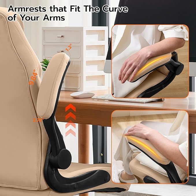 Office Desk Chair Ergonomic Computer Chair with Padded Flip-Up Arms and Adjustable Lumbar Support PU Leather Executive Chair with Tilt Lock and 360° Swivel Rolling Wheels for Work Study