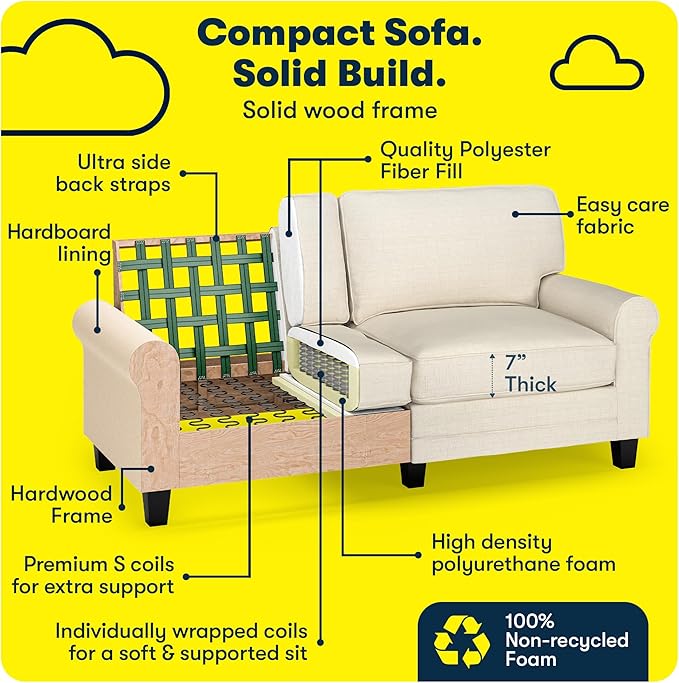 Serta Copenhagen 73 Rolled Arm Sofa Easy Care Polyester Soft Pillow Back Pocket Coil Seat Cushions Removable Covers Loveseat or Couch for Small Spaces Living Rooms or Bedrooms Buttercream