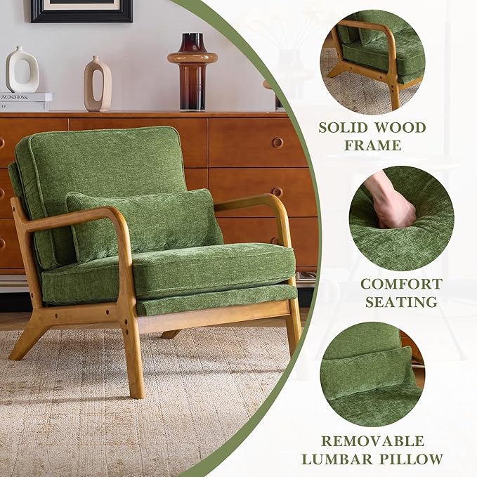 Karl home Mid Century Modern Accent Chair with Lumbar Pillow &amp Oak Arms – Plush Chenille Living Room Chair for Bedroom Lounge (Olive Green)