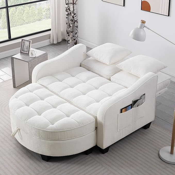 ERYE Chenille Tufted Loveseat Sofa and Ottoman Set Tufted Recliner Sleeper Chaise Lounge with Curved Storage OttomanReclining Backrest and Side Pockets 4 Pillows