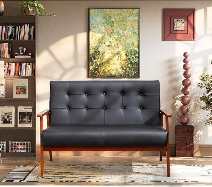 STHOUYN Black Small Leather Couch for Office Booth Seating 2 Person Waiting Room Bench Couch Mid Century Modern Loveseat Wood Sofa (Black)