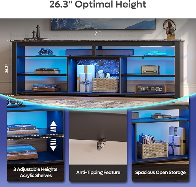 Bestier Tall LED TV Stand for 70/75/80 inch TV Modern Black Marble Entertainment Center with Storage for PS5 Gaming Console for Living Room &amp Bedroom