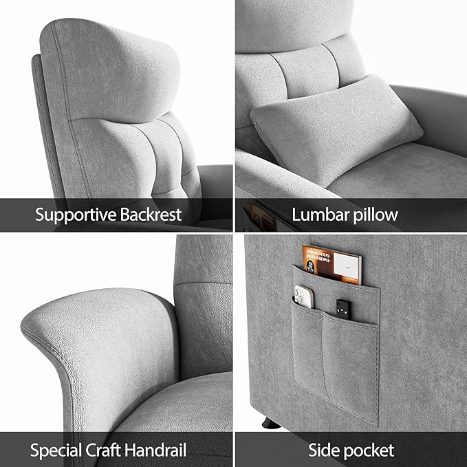 Electric Power Recliner Chair with Heat &amp Vibration Massage Overstuffed Fabric Sofa with Remote Control for Living Room Bedroom Easy Assembly Light Grey