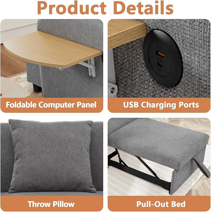 3-in-1 Convertible Sleeper Chair Pull Out Bed for Adults Fold Out Chair &amp Single Sofa Bed with USB Port &amp Foldable Table Pillow Adjustable Backrest for Dorm/Bedroom (Grey)