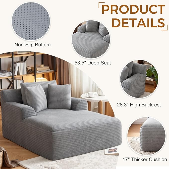 Avenix 66 Oversized Boneless Chaise Lounge Chair IndoorCorduroy Comfy Oversized Reading Chair Boneless Couch Bed ChairNo Assembly RequiredLight Grey