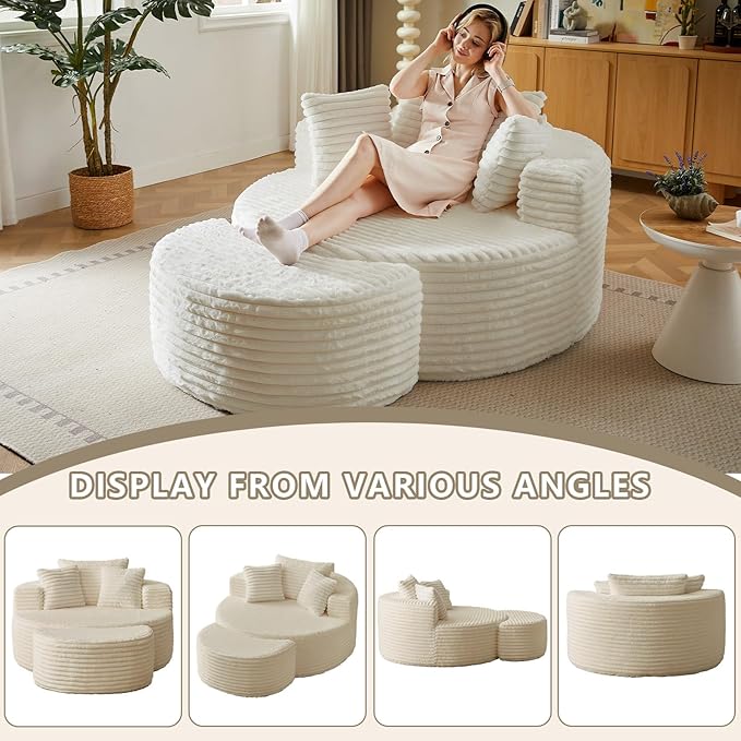 Oversized Round Chaise Lounge Chair Indoor with Ottoman Modern Upholstered Corduroy Circle Couch with Pillows Boneless Round Chairs for Living Room Apartroom No Assembly Required White