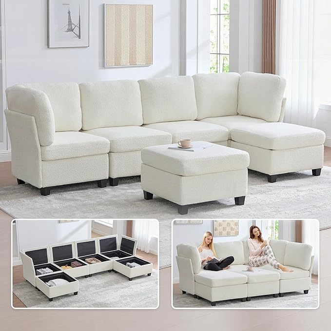 U Shaped Modular Sectional Sofa Couch with Storage Ottoman 6 Seat Convertible Upholstered Deep Seat Sofa with Chaise Lounge Comfy Cloud Couch for Living Room Beige