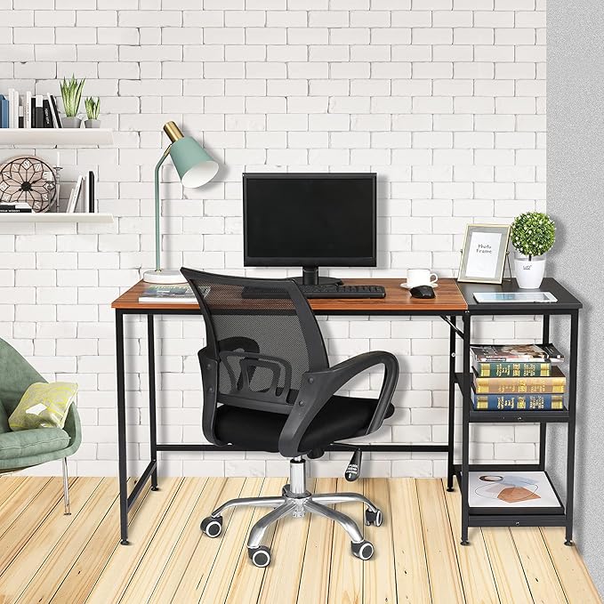 Home Office Desks Corner Computer Desk with Storage Shelves 140cm Industrial Office Desk Study Writing Table Workstation with Printer Stand and Bookshelf for Home Office 140 x 60 x 75cm(L x W x H)